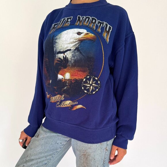 90s vintage blue bald eagle True North wildlife graphic pullover sweatshirt - Picture 4 of 6